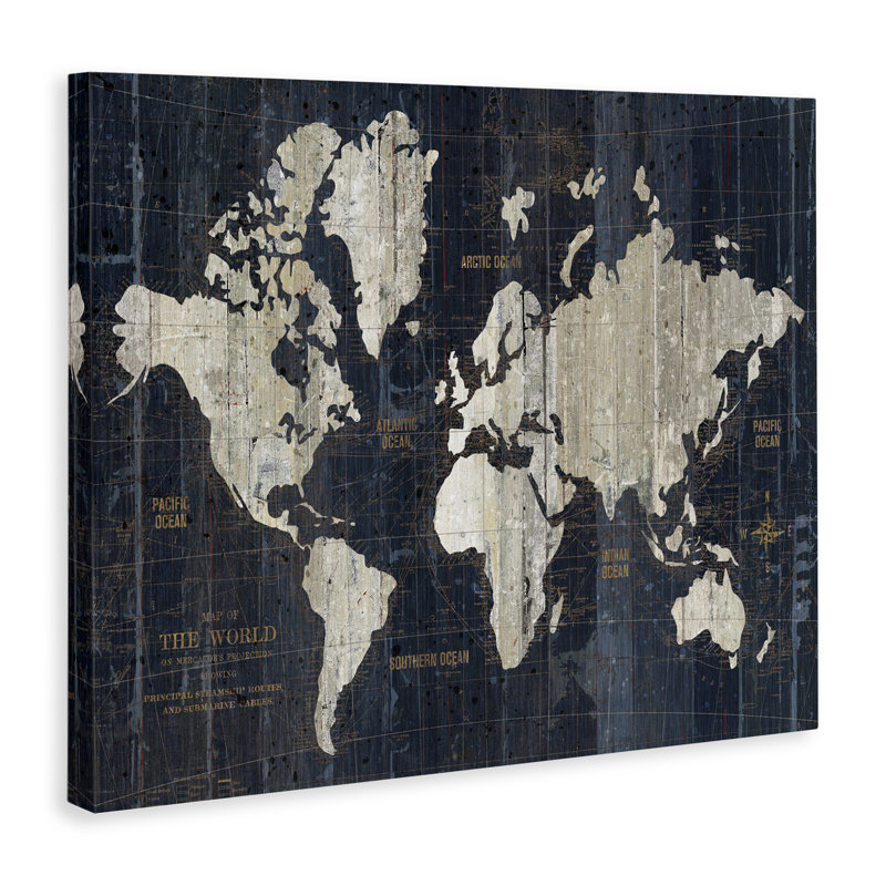 Distressed Antique World Map Canvas Art in Rustic Frame