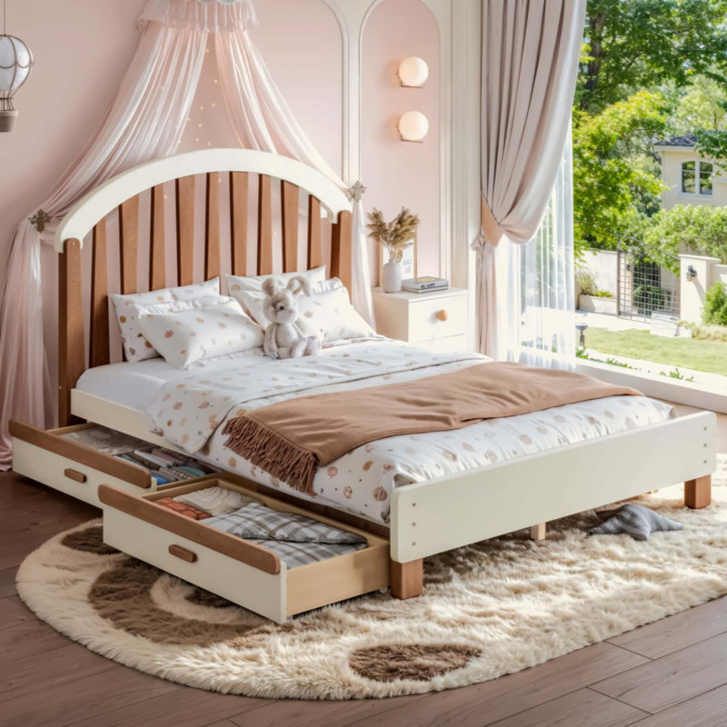 Lit plateforme avec tiroir de rangement, cadre de lit en bois avec tête de lit ronde, aucun sommier nécessaire, Full / Double