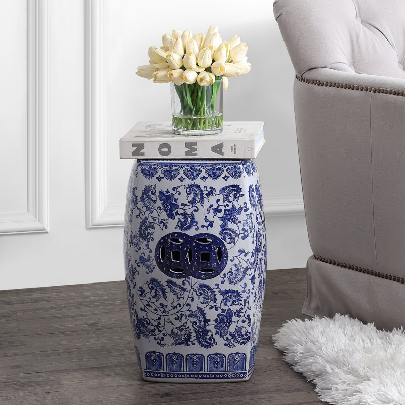 Floral Vine 18.5" Traditional Blue and White Floral Chinoiserie Ceramic Drum Garden Stool, Pierced Indoor/Outdoor Patio Seat & Side Table