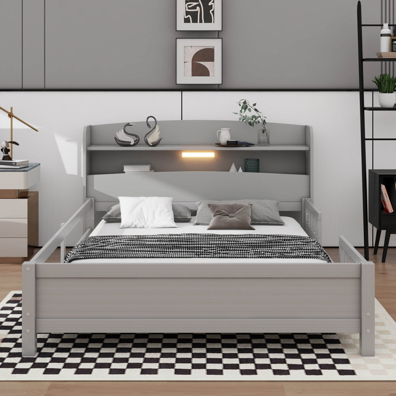 Lit plateforme double en bois avec éclairage à DEL intégré, Gris