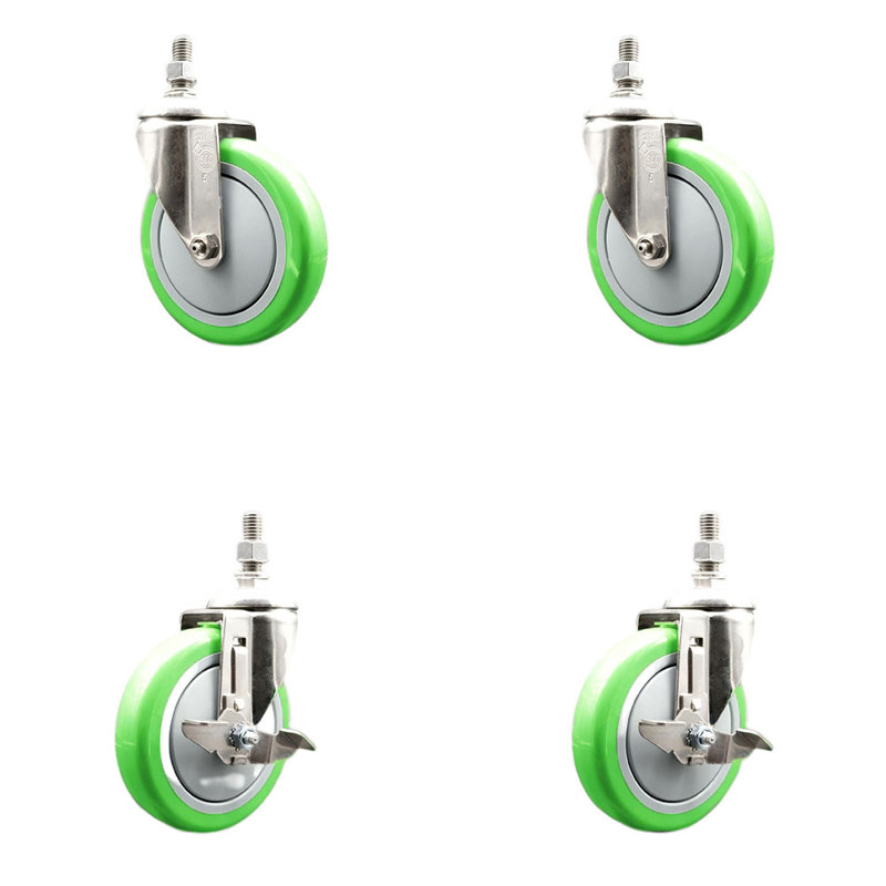 Ensemble de roulettes à tige filetée 5 pouces en polyuréthane pivotant vert de 12 mm et 2 freins