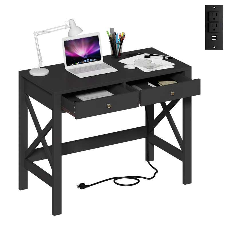 39.4" W Writing Desk with Drawers and Charging Station, Black