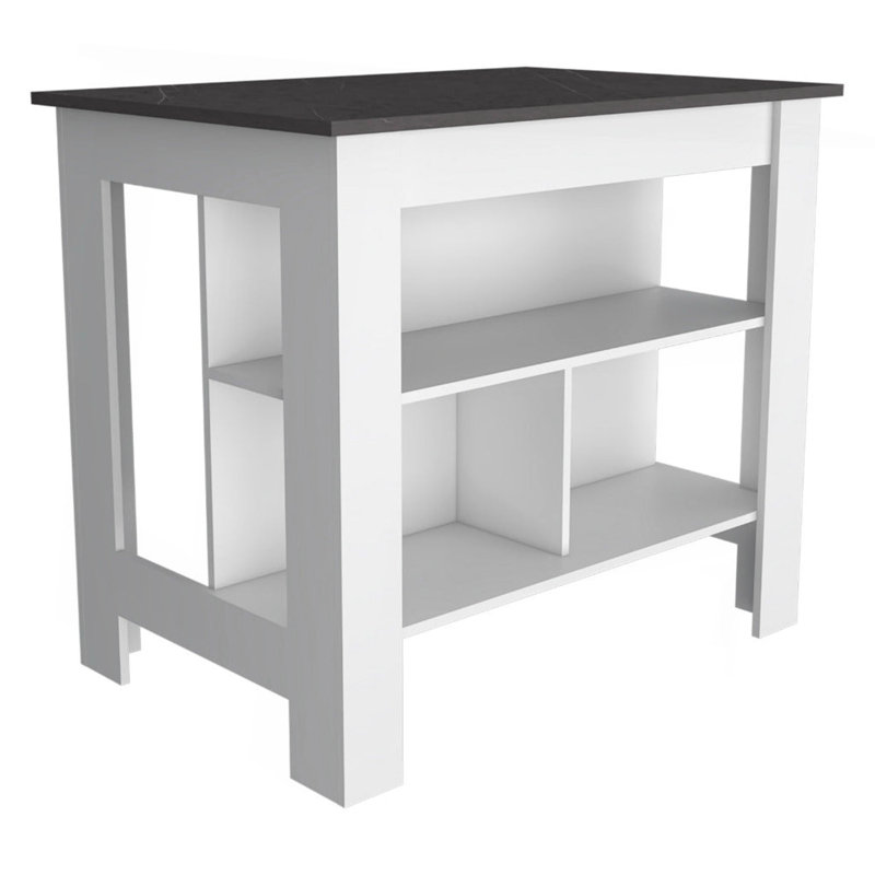 Îlot de cuisine, table de cuisine H 35 po, quatre pieds, trois tablettes de rangement ouvertes, Blanc / Brun foncé