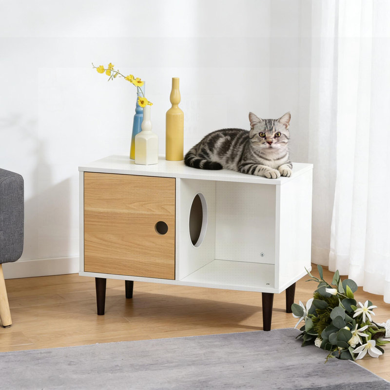 Elevated Wooden Jacquez with Soft Cushion and Easy Access, Perfect for Indoor Cats and Modern Decor.