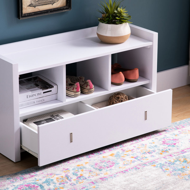 Organisateur de compartiment à chaussures avec trois tablettes et un tiroir pour le vestibule au fini blanc