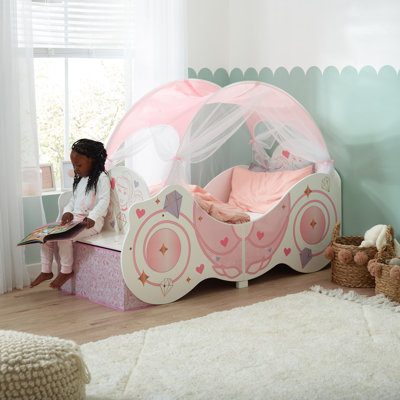 Disney Princess Carriage Toddler Bed with Canopy - Easy to Assemble Kids Bed with Fabric Storage Boxes - Sturdy Engineered Wood Construction, Guarded Sides, Wooden Slats, Fits 140cm x 70cm Mattress (Mattress not included)