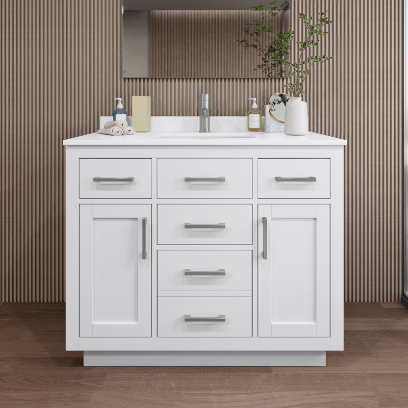 Beckett TK 42'' Free Standing Single Bathroom Vanity with Top, White Quartz, Dark Gray, Matte Black