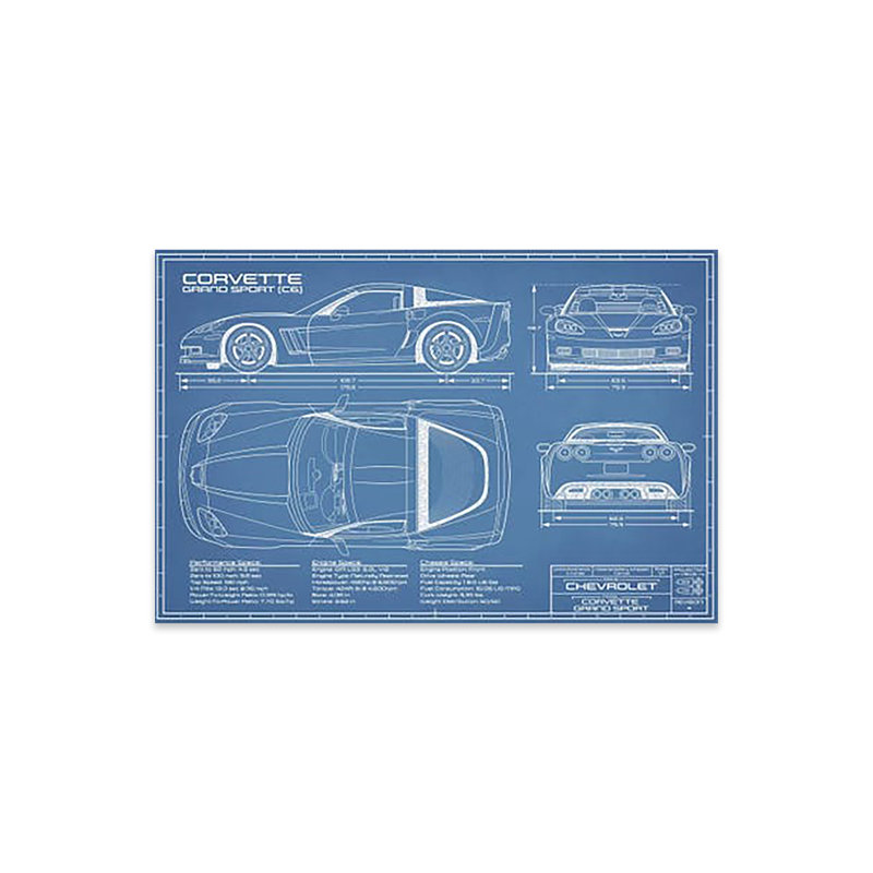 Corvette (C6) Grand Sport, impression noire sur verre acrylique, H 16 po x l 24 po x P 0,25 po, Bleu / blanc