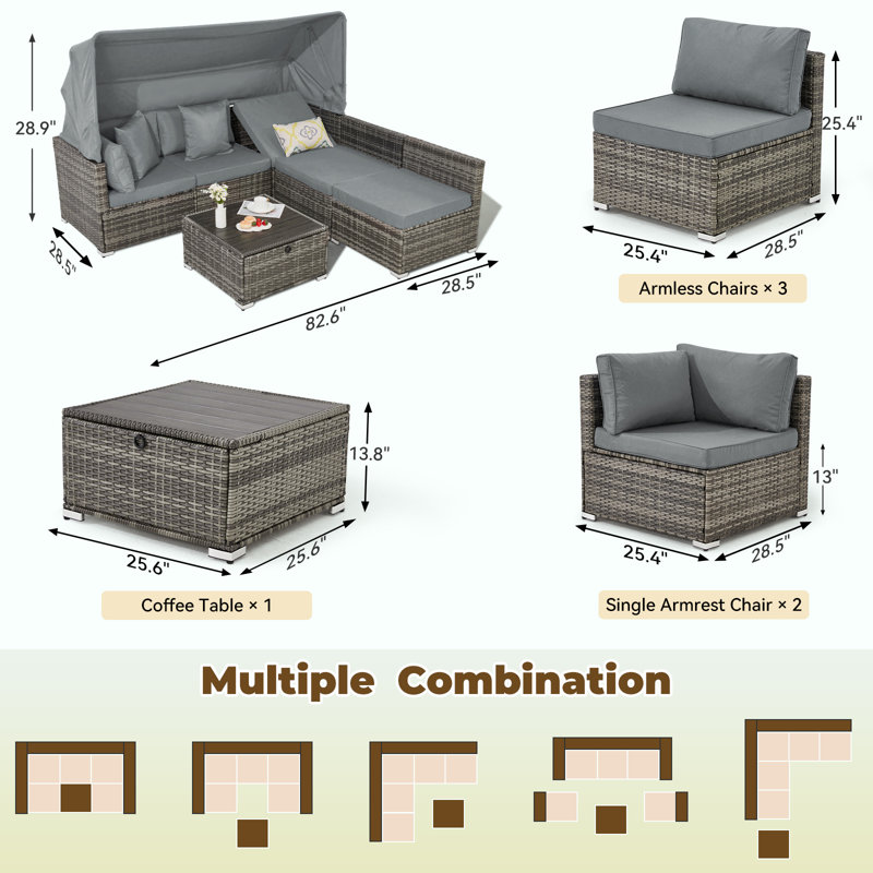 Yalissey 6 Pieces Patio Furniture Set,Outdoor Sectional Sofa Set With Retractable Canopy,Patio Conversation Sets With Adjustable Backrest For Backyard,Deck,Garden,Rattan,(Cushion)