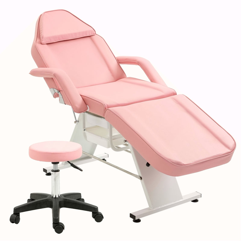 Massage Salon Tattoo Chair  With Two Trays Esthetician Bed With Hydraulic Stool,Multi-Purpose 3-Section Facial Bed Table, Adjustable Beauty Barber Spa Beauty Equipment, Pink