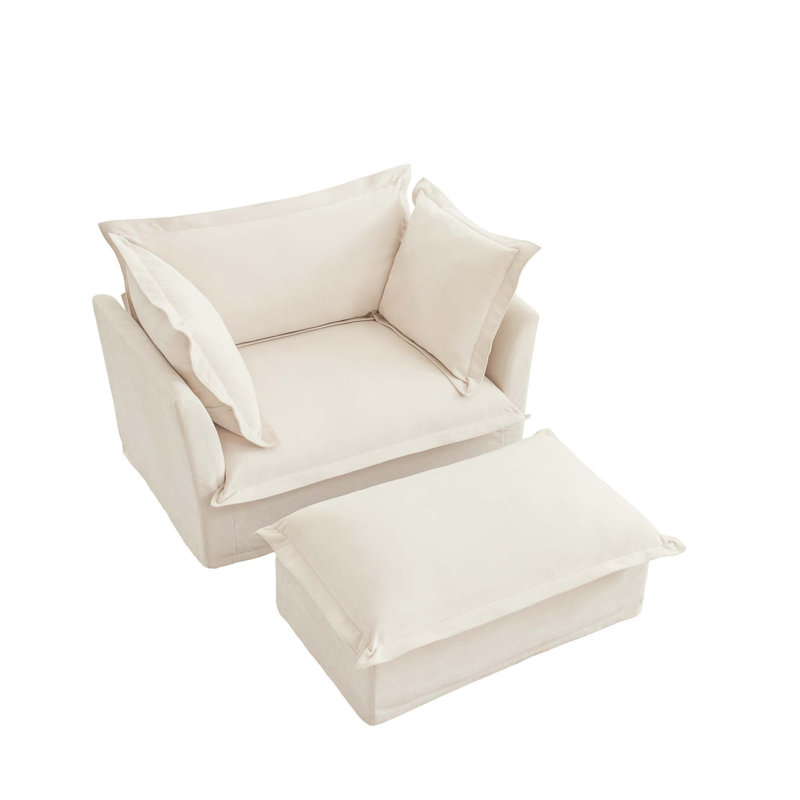 Upholstered Slipcovered Armchair With Ottoman,Deep Seat Armchair W/ Wide Ottoman For Living Room,Armchair Sets With Large Soft Pillows(Set Of 2),Chenille Fabric