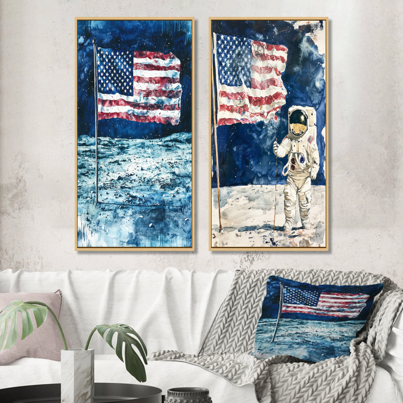 Drapeau des États-Unis sur l'atterrissage de la lune I - Astronomie et espace, art mural 2 panneaux, H 40 po x l 41 po