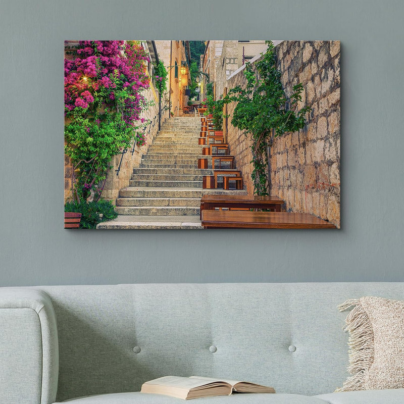 Architecture, bâtiment, escalier botanique méditerranéen, nature sauvage, sur toile, H 32 po x l 48 po x P 1,5 po