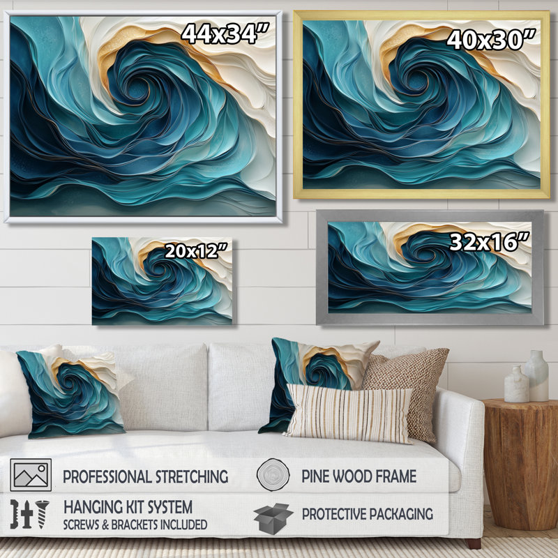 «Aqua Coastal Spirals Of Waves», art mural spirales abstraites, H 16 po x l 32 po, Cadre flottant, Crème, crème