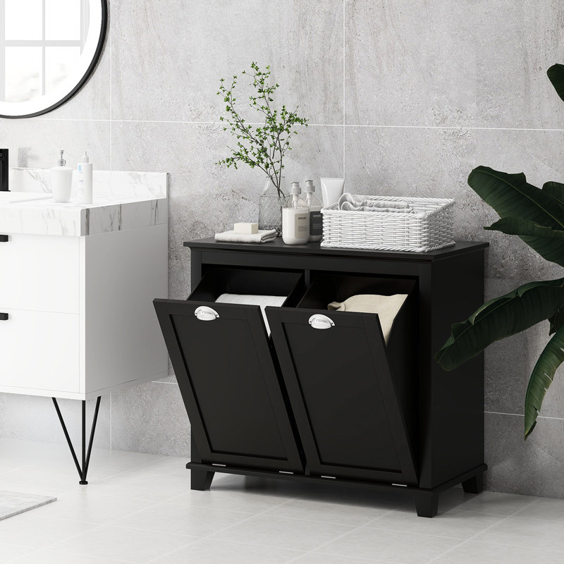 Dual Tilt Out Laundry Hamper Cabinet, Bathroom. 2 For Washroom Storage, Black Floor Cabinet. Generous Towel Storage Area. Separate & Dark. Made, Water-. Toppling Feature. Wall-mountable . 30" W X