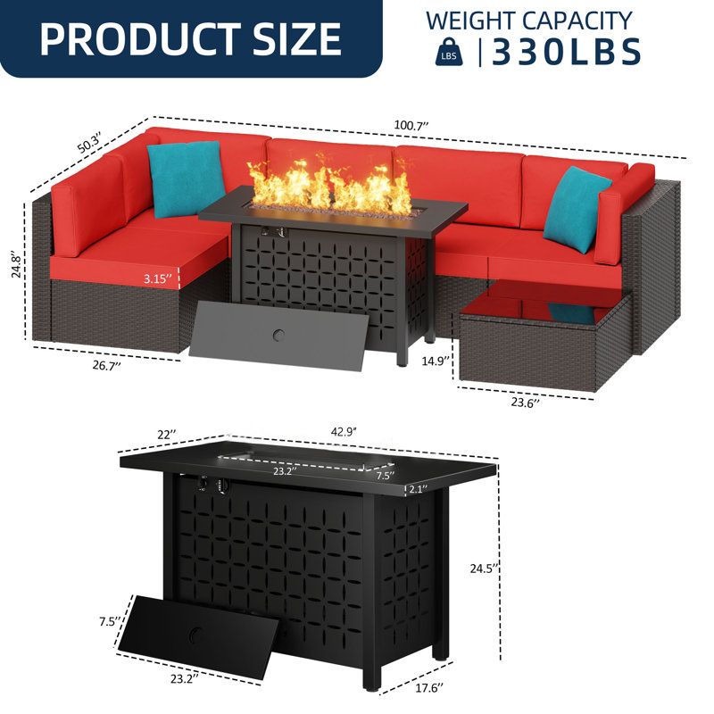 7-Piece Outdoor Rattan Patio Set with Fire Pit Table, Red
