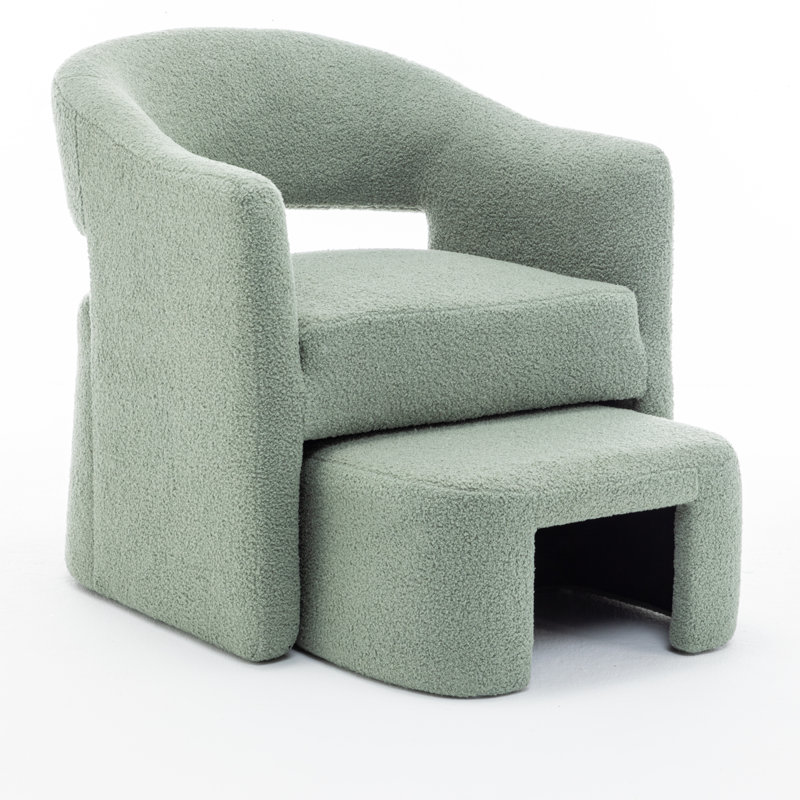 Torrence Upholstered Barrel Chair With Ottoman, Green Faux Fur