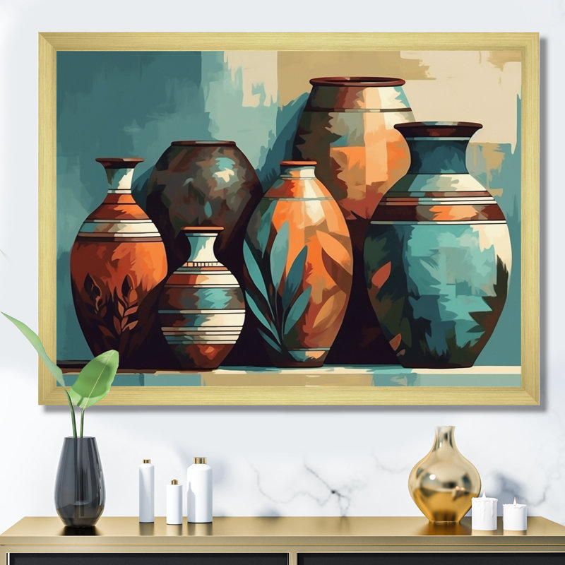 Vase en céramique orange et vert Soulazazma sur toile, H 12 po x l 20 po x P 1 po, Encadrement doré