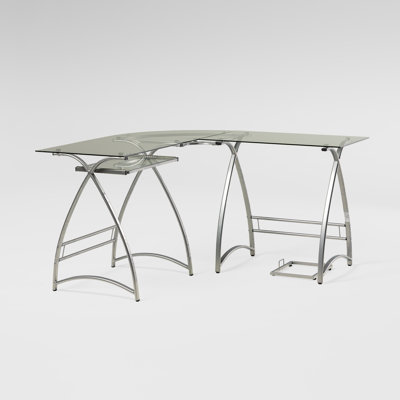 L-Shaped Glass Top Metal Base Computer Desk