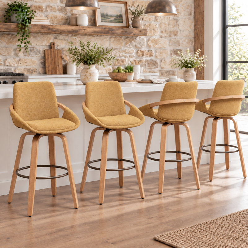 Tabourets de comptoir pivotants en polyester Junipero avec finition patinée (ensemble de 4), Jaune