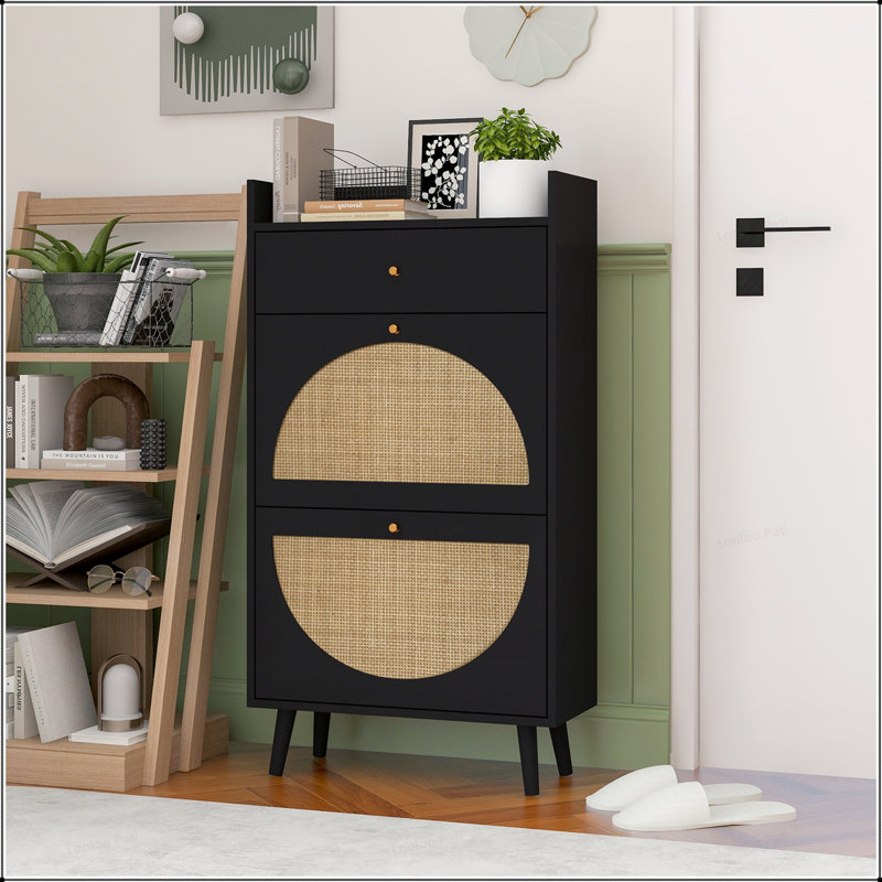 Charming Double-Layer Rattan Shoe Rack Cabinet for Entrance, Enhancing Home Decor and Organizational Efficiency, Black