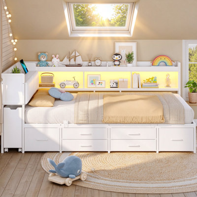 Upholstered Daybed with Pull-Out Nightstand & Hidden Storage Bookcase, Metal Convertible Corner bed frame with 6 Drawers, Charging Station & LED Lights