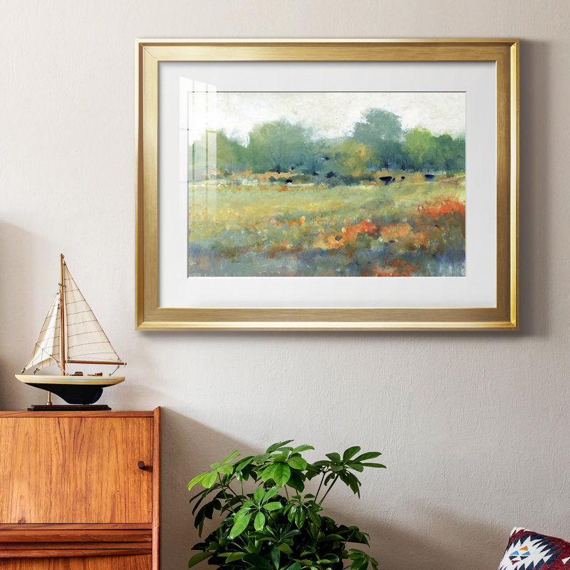 Paysage champêtre II - peinture encadrée, H 18,5 po x l 24,5 po x P 1 po, Or, Blanc
