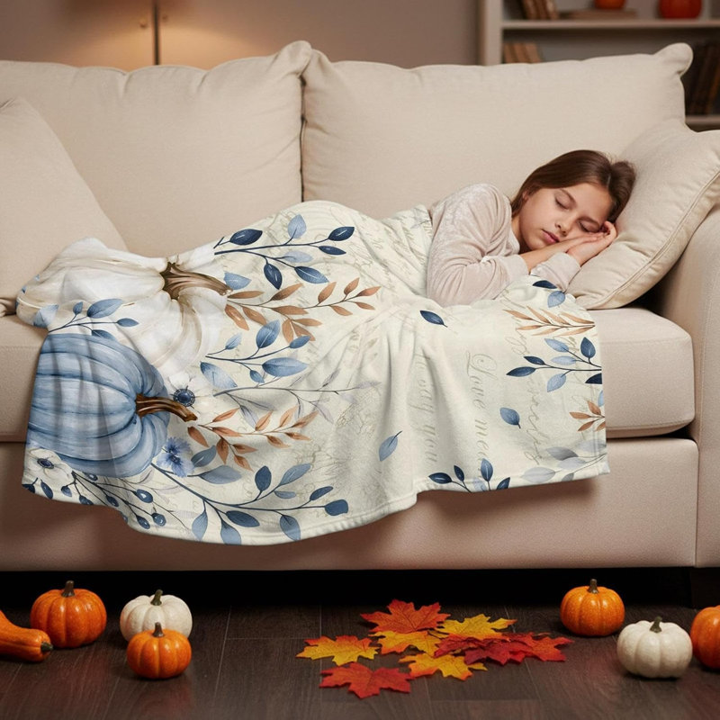 Jeté de lit en molleton, feuillage floral blanc de citrouille de l'Action de grâce, couvre-lit chaud, couvertures douillettes en flanelle douce pour canapé camping pour toutes saisons, lettre rétro, 30 x 40 po