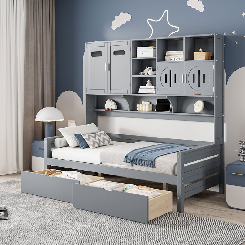 Twin Size Wooden Daybed With 2 Drawers, And All-In-One Cabinet And Shelf, Gray, Gray, Super Single