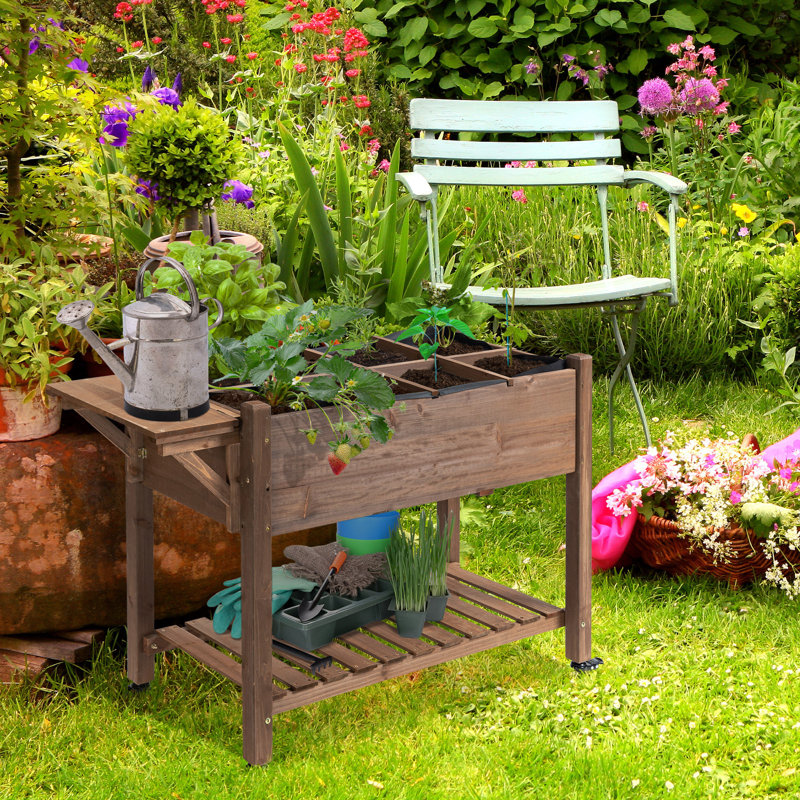 Brown Wooden Raised Garden Bed with Storage Shelf