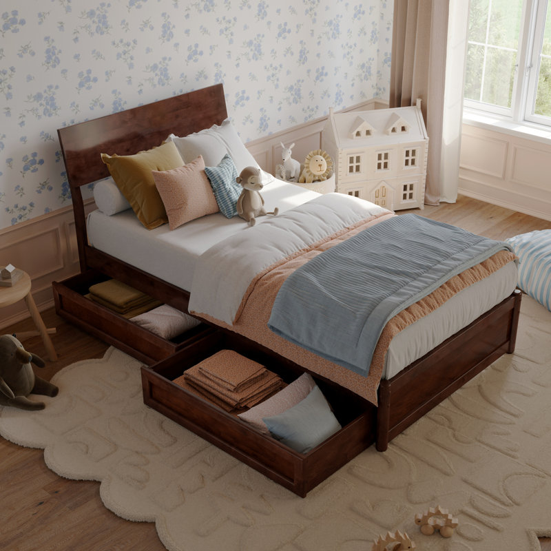 Lit plateforme en bois avec tiroirs de rangement Norla, Twin, Walnut