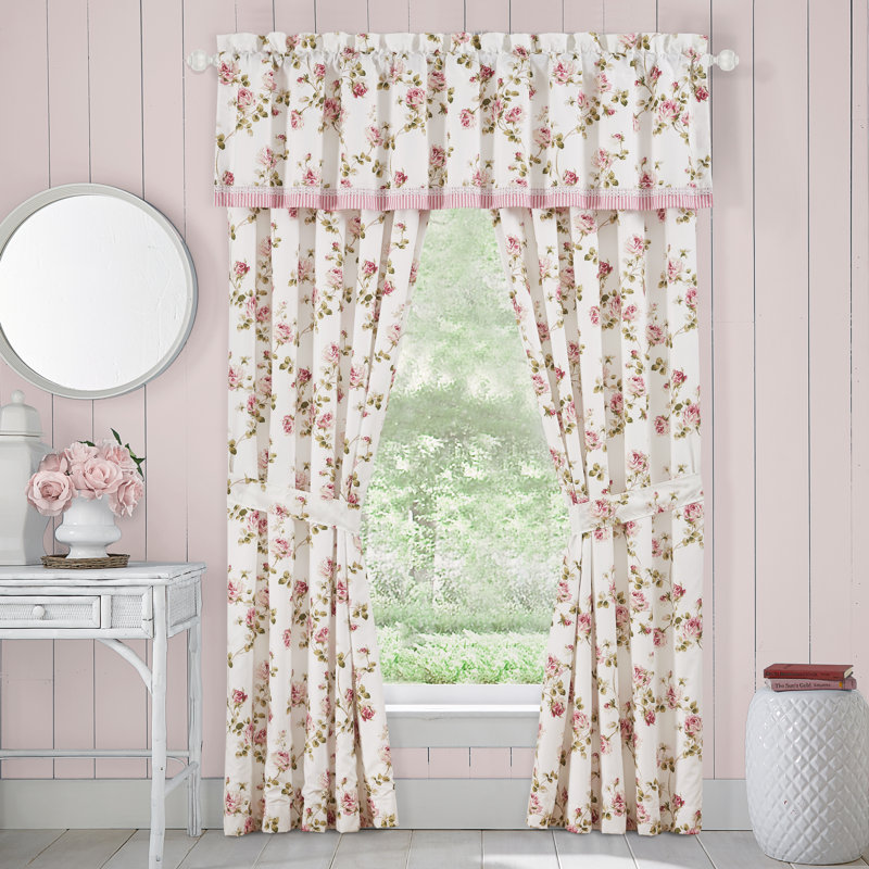 Rose Floral Polyester Rod Pocket Valance with Trim
