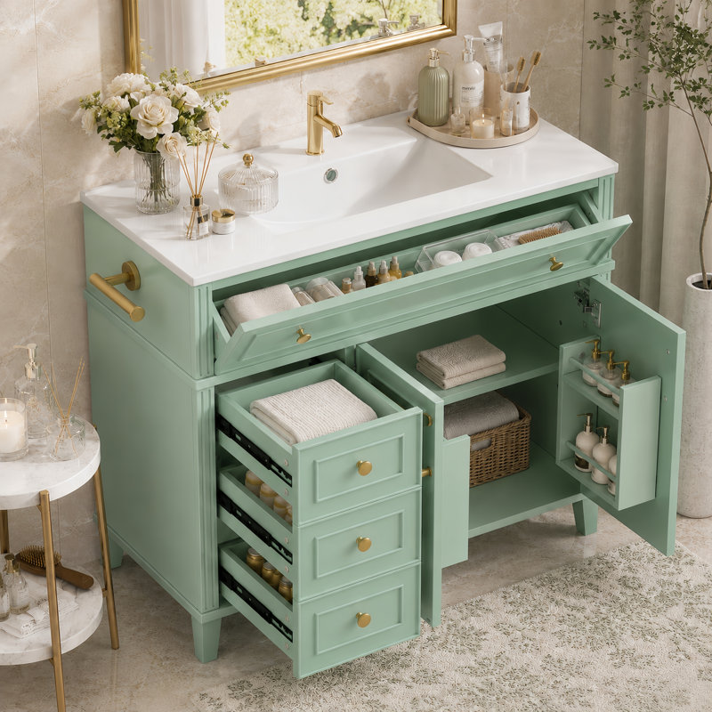 Meuble-lavabo moderne sur pied 36 po avec lavabo et tiroirs en céramique, Vert sauge