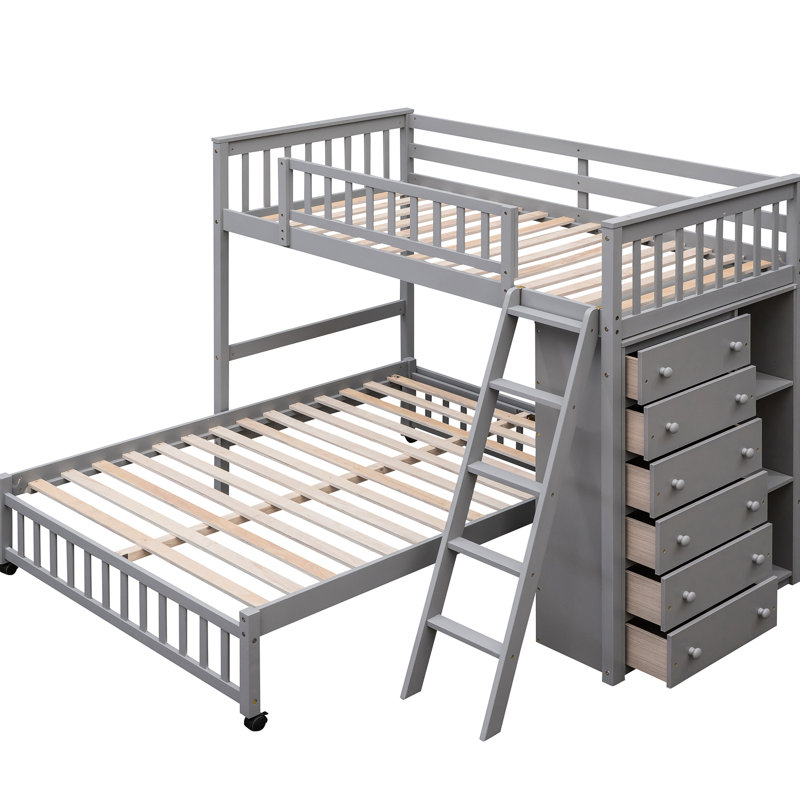 Lit superposé en bois gris avec six tiroirs, des architectures de tablettes modifiables et des tiroirs simples, Gris