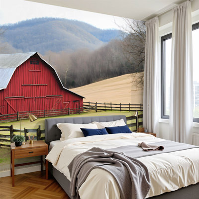 Peel and Stick Wallpaper Rustic Farmhouse Vintage Barn Country Field Landscape Rustic Barn Open Wall Murals 100"H x 144"W Removable PVC Wall Paper Self-Adhesive Wall Paintings Art Decor for Bedroom Living Room