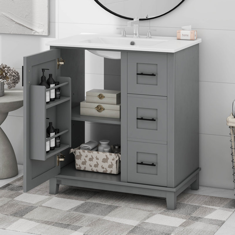 Meuble-lavabo de 30 po avec lavabo en céramique, supports de rangement doubles, 3 tiroirs, Gris