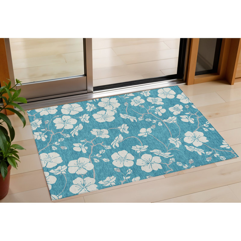 3' X 5' Turquoise Ivory And Gray Floral Washable Indoor Outdoor Area Rug