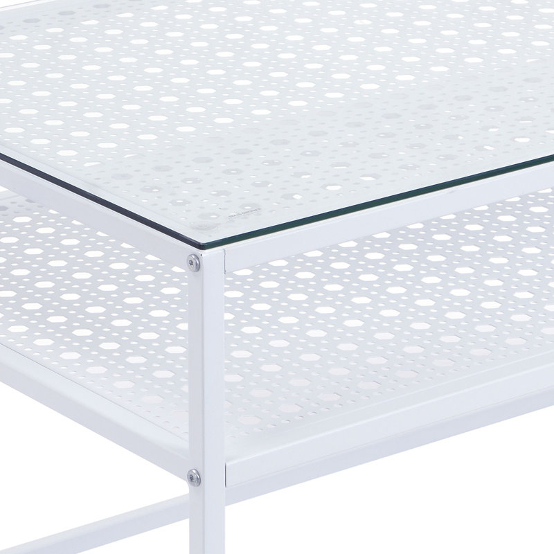 Coffee Table Glass Rectangular 100 Cm Metal Living Room Table Shelf, White