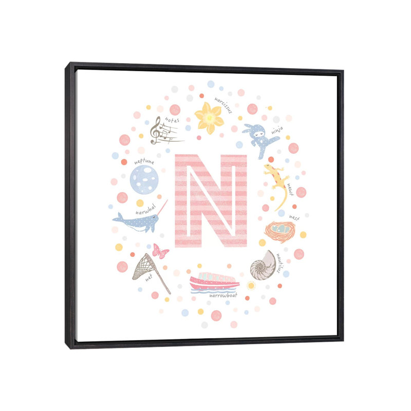Lettre N rose illustrée, H 26 po x l 26 po x P 1,5 po, Toile avec cadre noir patiné, Pas de tapis