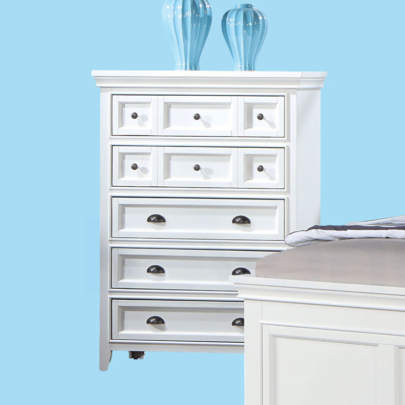 Commode de style transitionnel 1pc Commode à finition blanche 5 tiroirs avec poignées rondes et glissières à roulement à billes