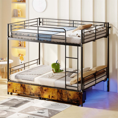Versatile Metal Bunk Bed With USB Charging, Safety Guardrails, And Storage, No Box Spring Required