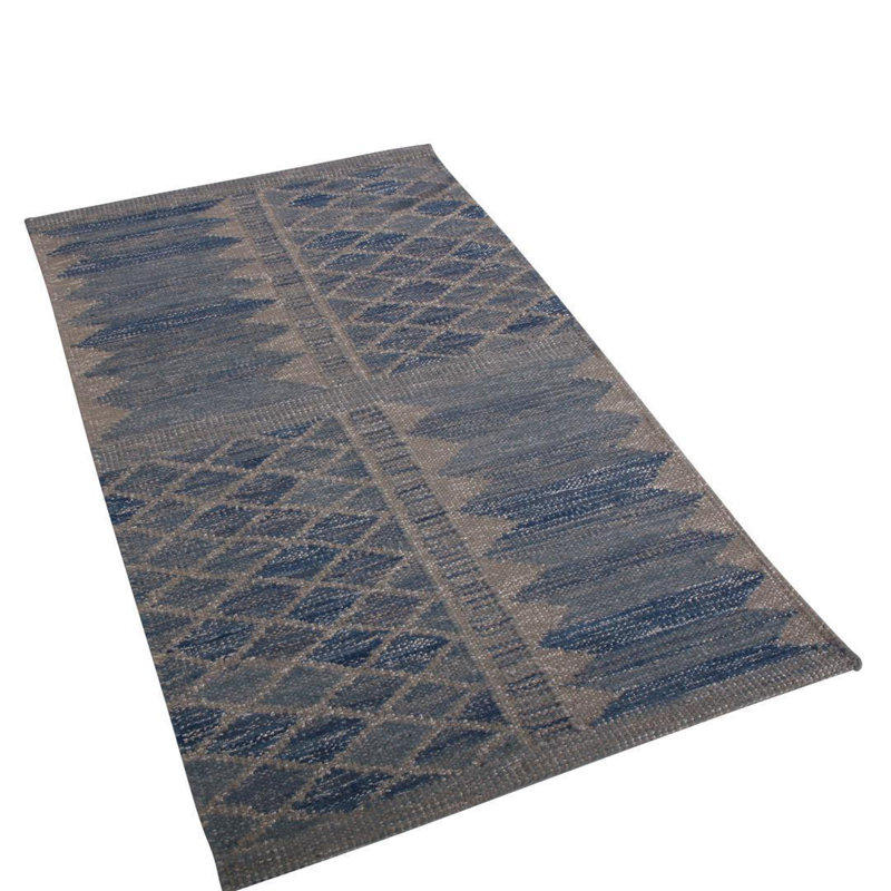 Rug & Kilim’S Scandinavian Style Geometric Blue And Gray Wool Kilim Rug, Rectangle 10' x 14'