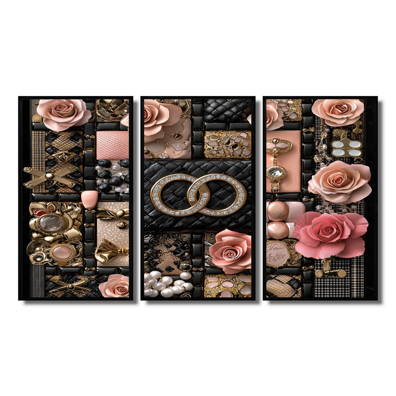 Ensemble de salon rose et noir à motif géométrique glamour II, Toile avec cadre flottant noir, H 28 po x l 36 po x P 1 po