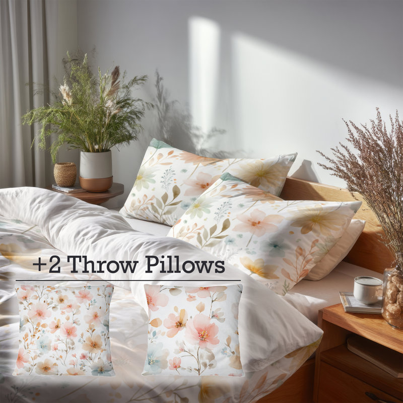 Ensemble de literie 5 pièces Floral - Ensemble de housse de couette et coussin décoratif jaune 4 saisons