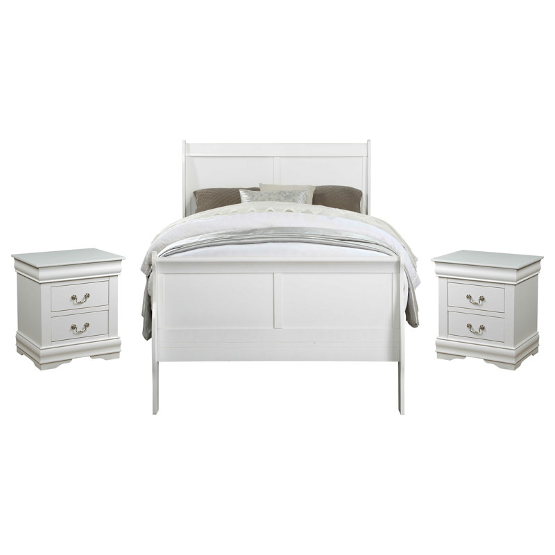 Ensemble de chambre à coucher Engstrom, Blanc, Double, 3 pièces : 2 table de chevet, 1 lit