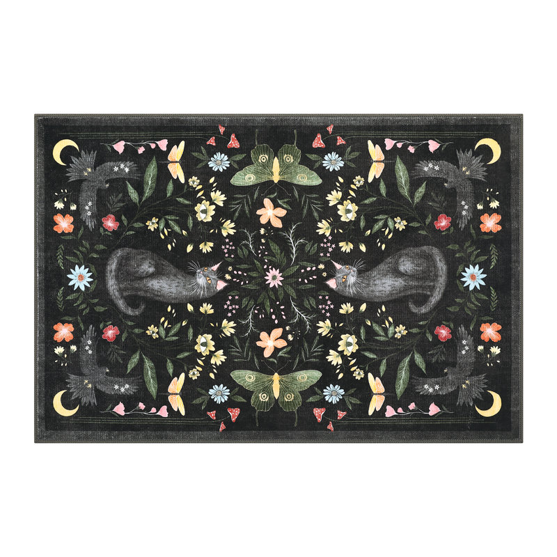 Tapis floral et chat lavable pour salle de bain, salon et chambre à coucher, Noir, Rectangle 9' x 12'