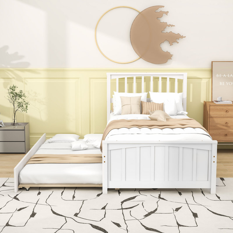 Twin Wood Platform Bed with Twin Trundle and Headboard, White