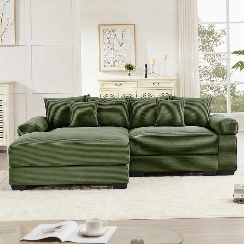 Canapé modulaire surdimensionné en forme de L 82,6 po Cloud, tissu en velours côtelé doux, avec méridienne, accoudoirs larges à assise profonde, conception ergonomique, 6 coussins décoratifs, assemblage facile, pour les salons, les salons, le vert