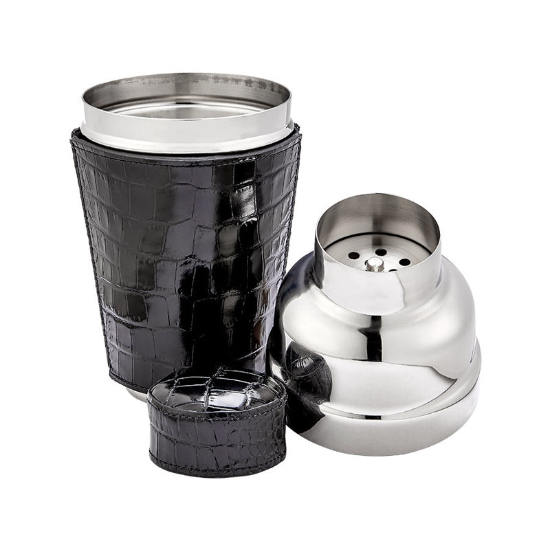Graphic Image Cocktail Shaker, Leather, Brown Embossed Croc Leather, Black