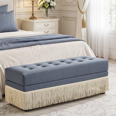Banc de rangement 47,2 po avec frange de sécurité, banc de bout avec rangement, repose-pieds en lin capitonné pour le salon et le vestibule